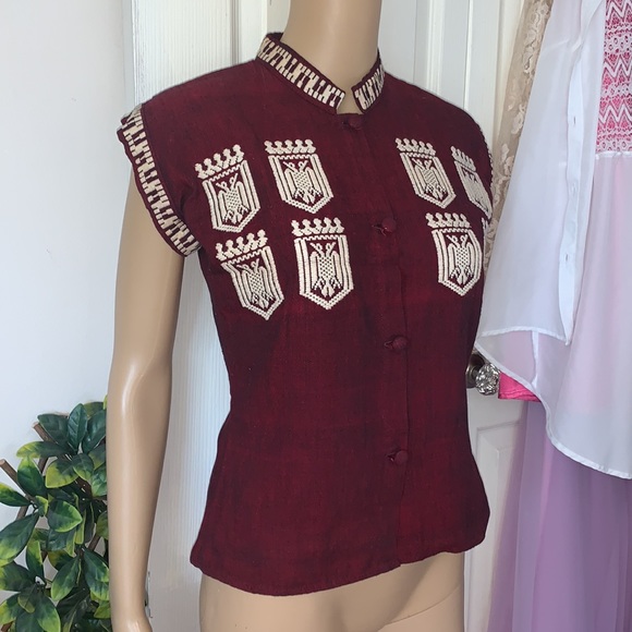 Burgundy embroidered mandarin collar sleeveless button down Ethnic shirt Top S - Picture 3 of 11